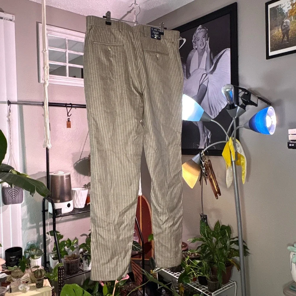 Stafford Seasonal Trouser Mens 34x32‎ Khaki New Striped Slim Fit Linen Blend